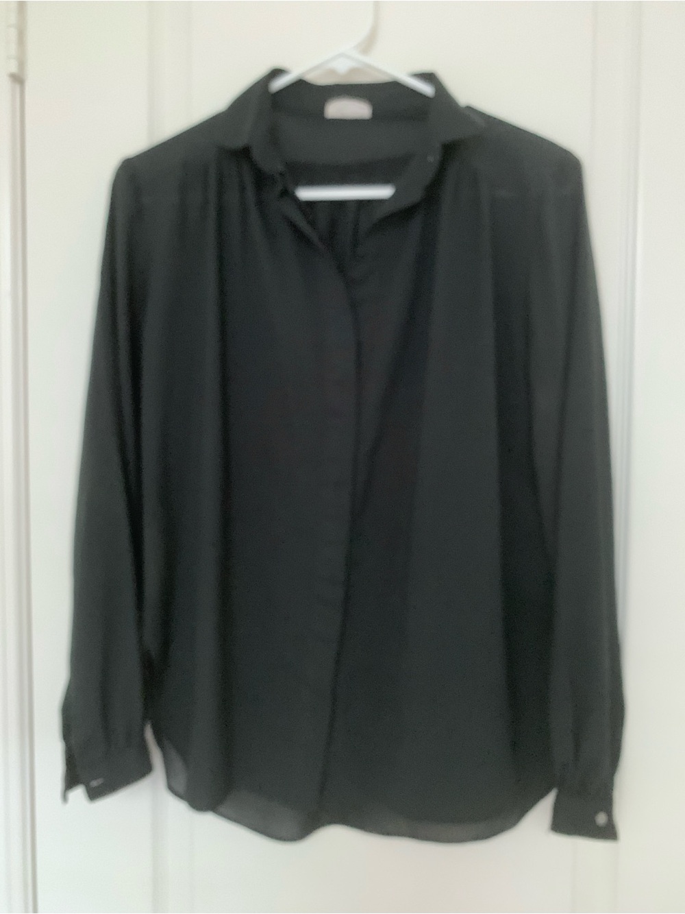 Vintage 70s Campus Casuals Chiffon Blouse Black Semi Sheer Drop Shoulder M